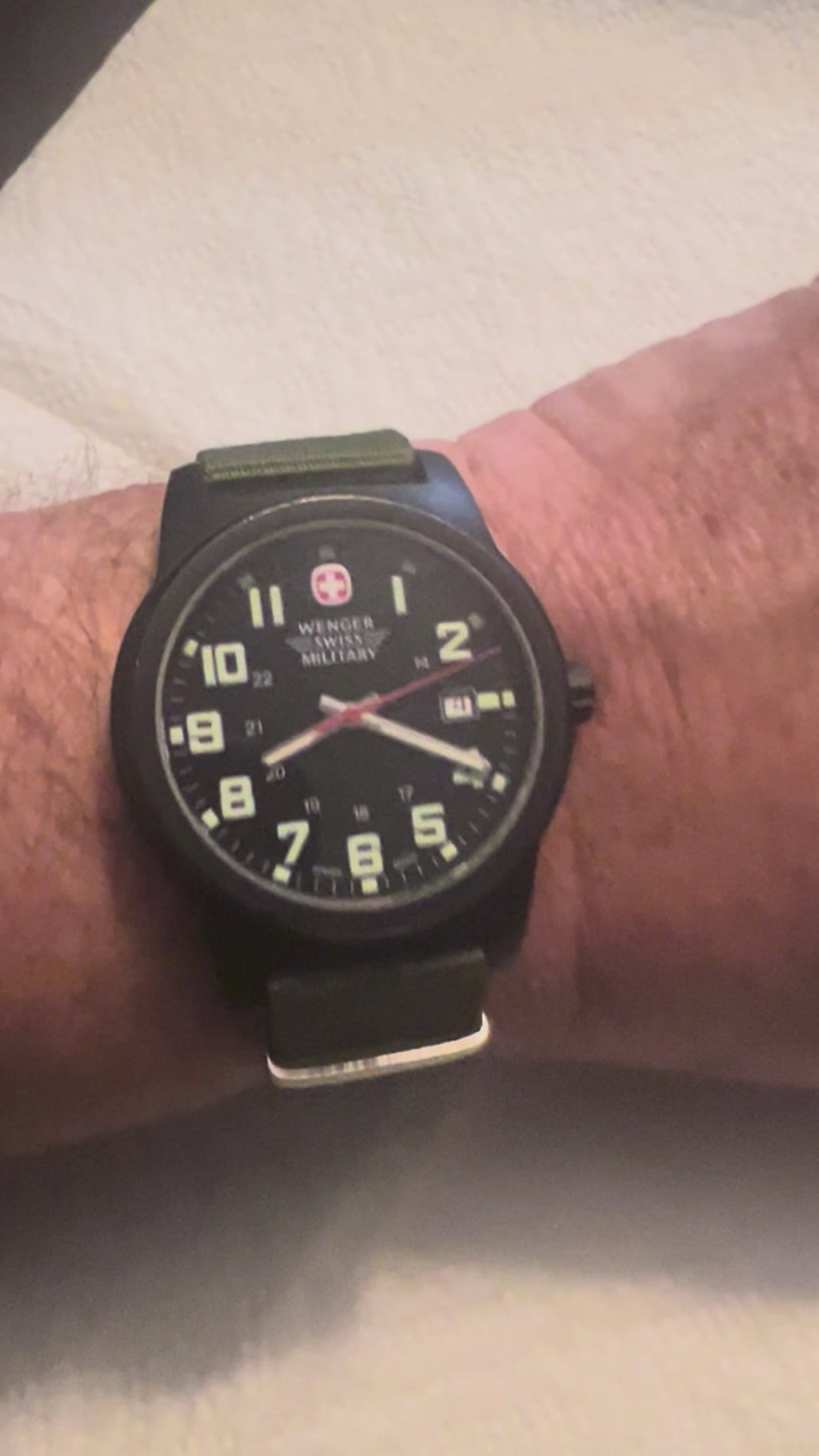 Wenger Swiss Military  Watch 7291X Day/Date Black Dial, Green NATO, New Battery