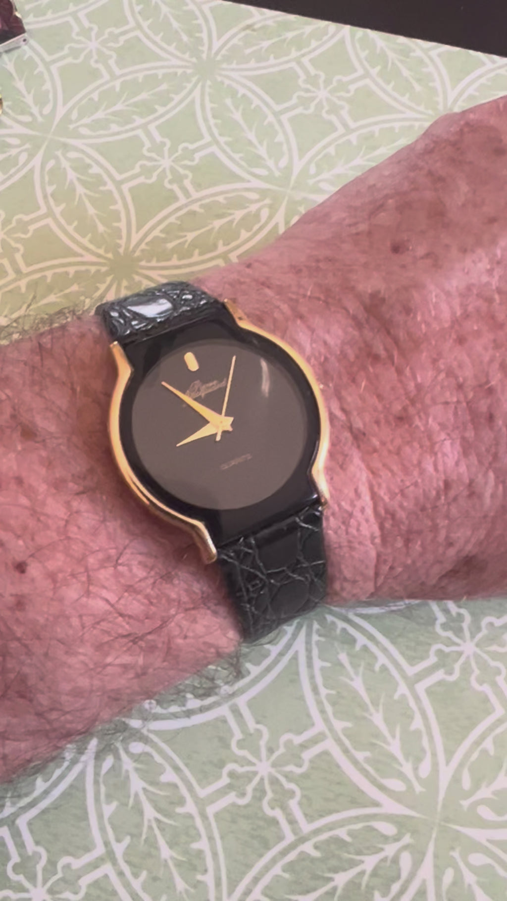Pierre Jacquard Watch, Gold Tone with Black Bezel and Leather Band