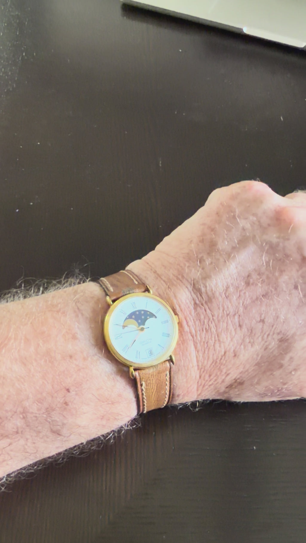 Mens vintage Orion Moon Phase Quartz Watch Roman Numeral Dial Swiss Made, Leather Strap